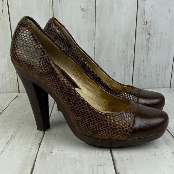 Michael Kors Shoes - Michael Michael Kors Brown Leather Snakeskin Print Round Toe High Heels Size 5.5
